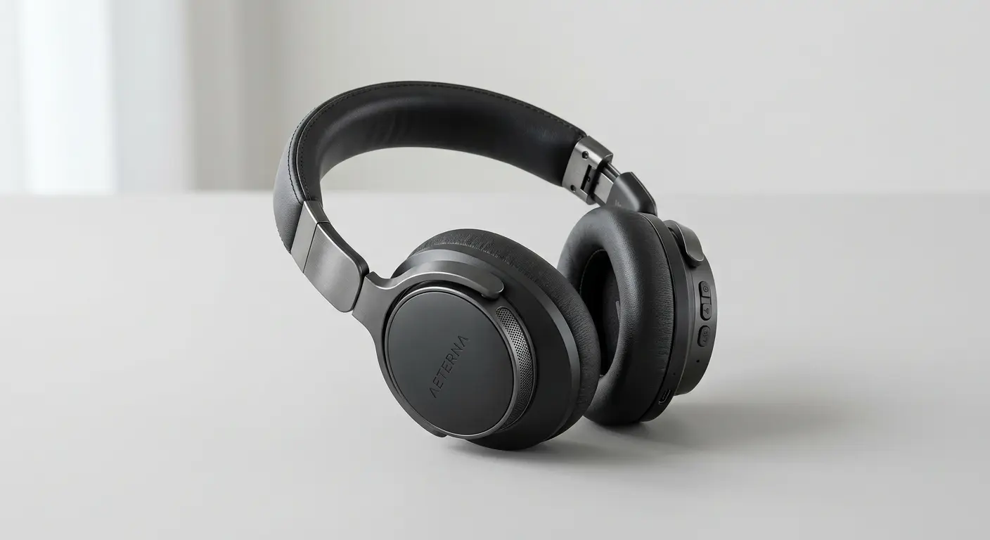 Sleek black over-ear headphones with the brand name "Aeterna" on the ear cup, resting on a light gray surface.